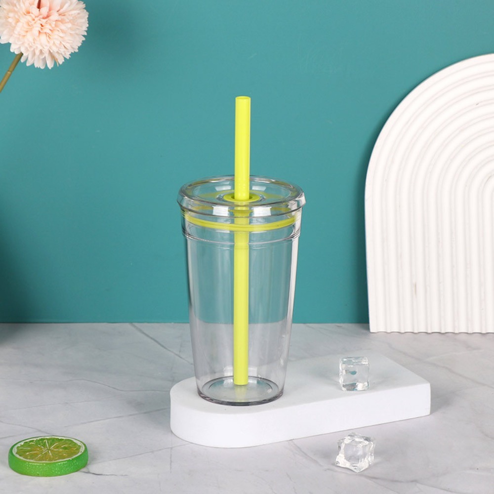 Taza con pajita portátil de 450ml, vaso transparente de una sola capa para beber, vaso de plástico reutilizable para coche, hogar: green