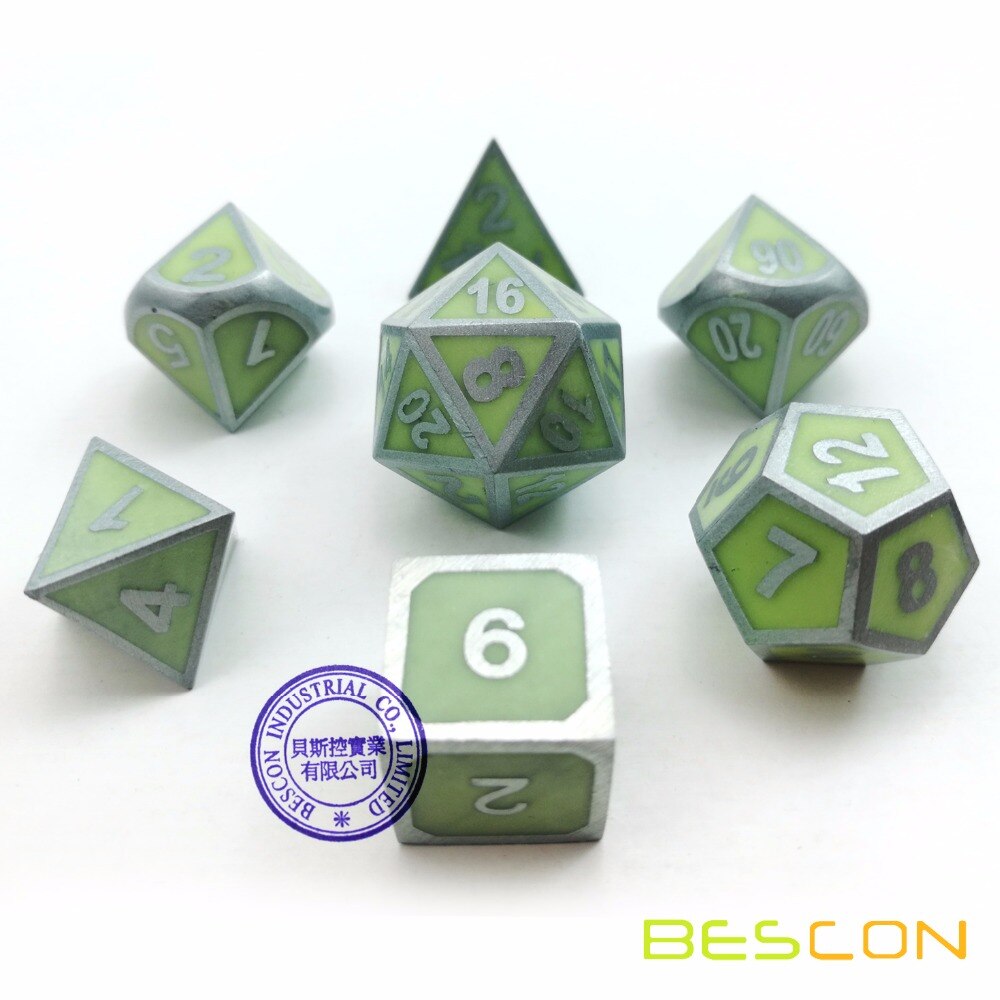 Bescon Super Glow In The Dark Metal Polyhedral D & D Dobbelstenen Set Van 7 Lichtgevende Metallic Rpg Rollenspel game Dice 7 Pcs Set D4-D20