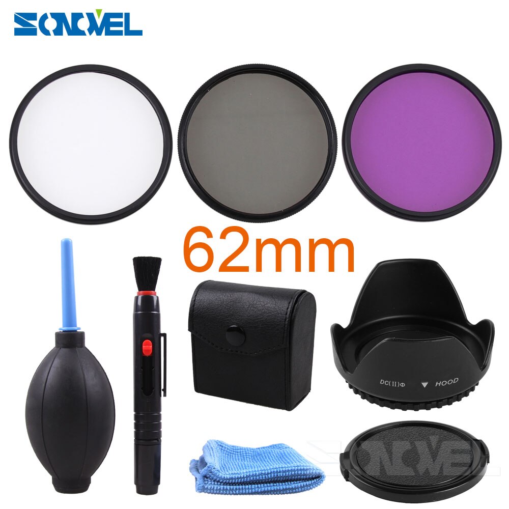 49 52 55 58 62 67 72 77 Mm Uv Cpl Fld Filter Set + Petal Flower Zonnekap + voorste Lensdop Cover + Cleaning Kit Voor Canon Nikon Sony: 62MM