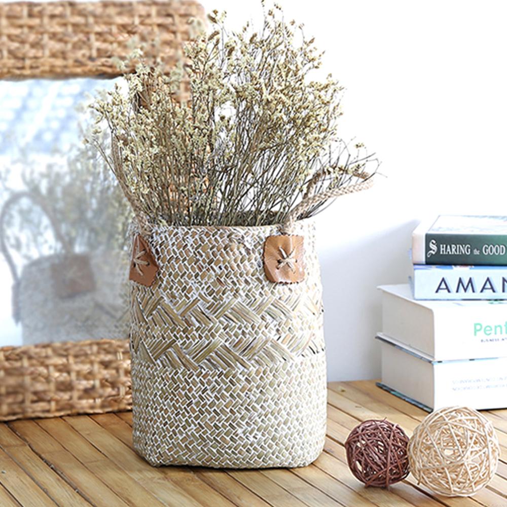 Seagrass Woven Storage Baskets Garden Flower Vase Hanging Basket Rattan Planter Potted Organizer Home Laundry Basket with Handle