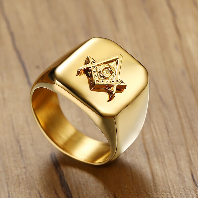 Male Gold Color Masonic Rings Stainless Steel Jewelry for Men Highly Polished Titanium Punk Rings for Brother