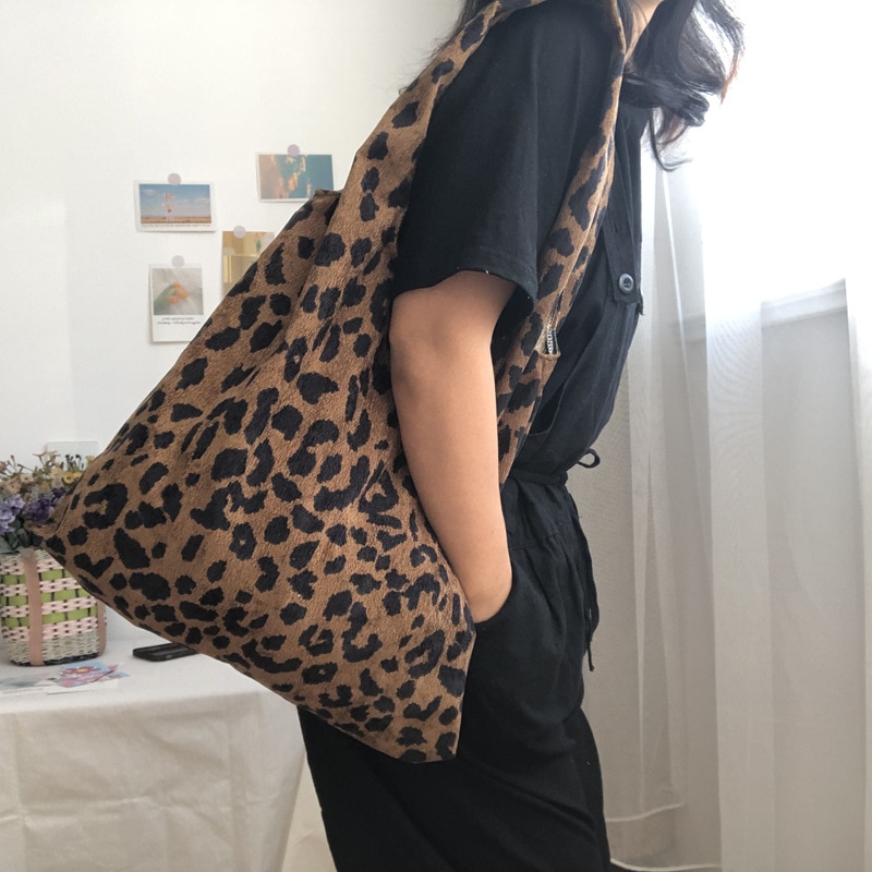 Borse a tracolla da donna con motivo leopardo borsa a tracolla semplice in velluto a coste per ragazze borse a tracolla grandi borsa Casual in cotone sottile da donna retrò