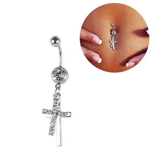 Rhinestone Body Sieraden Double Cross Dangle Navel Belly Button Barbell Ring Body Piercing Sieraden