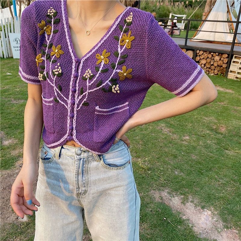 Rebeca de manga corta para mujer, ropa femenina, estética, cuello en V, retales de ocio, bordado con bolsillos de primavera,