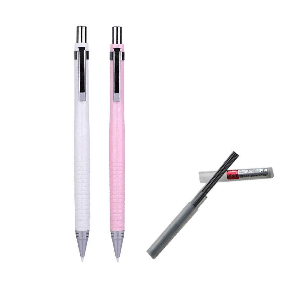 Models Auto Mechanical Pencil 0.7mm Cute Plastic Drafting Automatic Pencil For Kid School Supplies 2B Pencil Refill: 1white-1pink