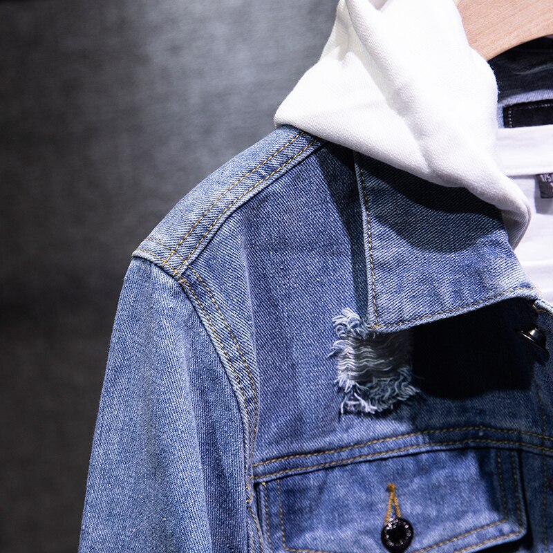 männer Neue Dünne Streetwear Abnehmbare kapuze Denim Jacken Hüfte hüpfen männlich Einfache Feste Beiläufige Jeans Jacke Mantel Plus Größe 5XL