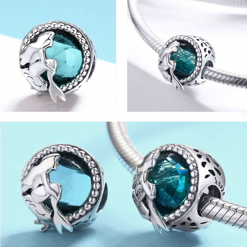 BISAER 925 Sterling Argento Europeo Perline di Vetro Verde Licorne Oceano Perline Pendenti e Ciondoli Fit Originale Pendenti e Ciondoli I Braccialetti Monili Che Fanno