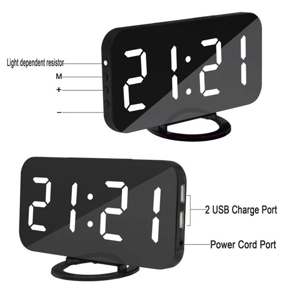 Simple Modern Mirrored Electronic Snooze Alarm Clock Multifunction Art Digital Display Wall Clock with Two Phone USB Charge Port
