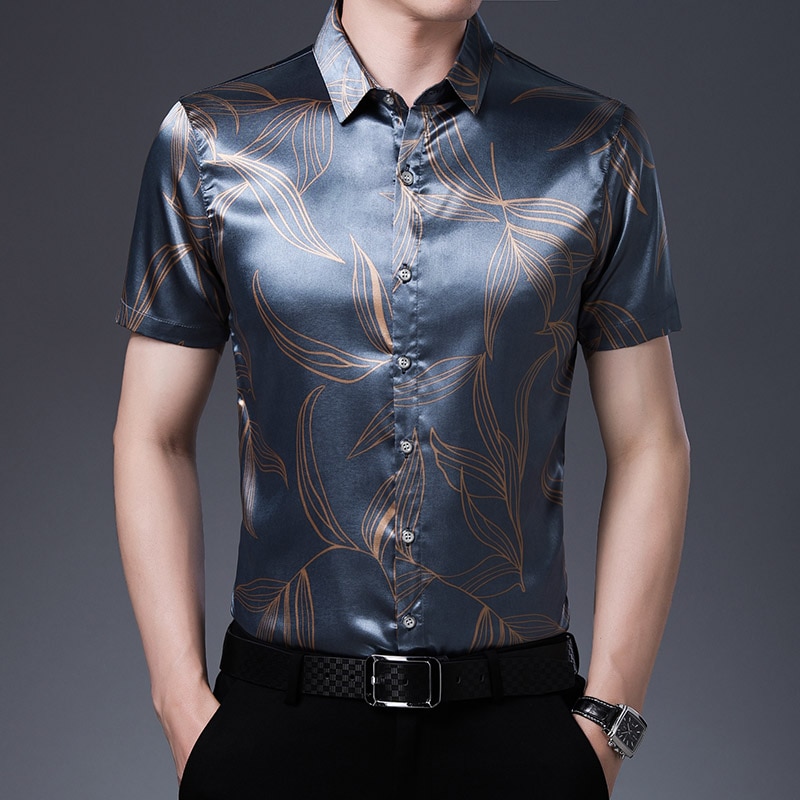 Silver Shirts Mens Satin Silk Short Sleeve Shirts Printed Shirts For Mens Casual Business Korean Clothing Mens Office
