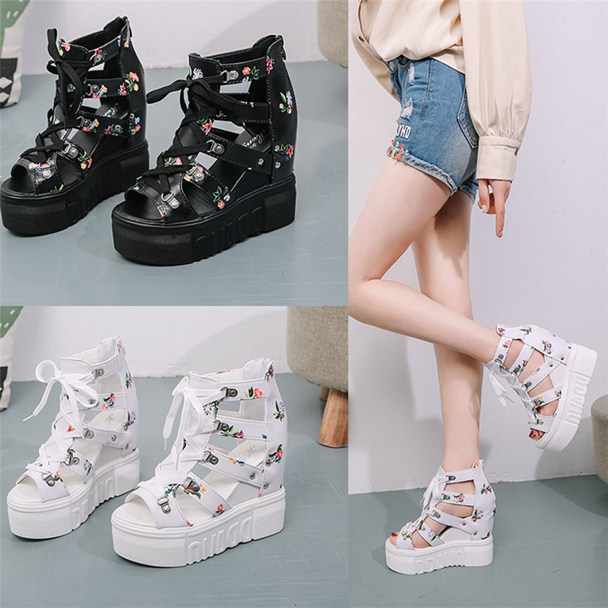 JAYCOSIN Vrouwen Schoenen Zomer Wig Sandalen Hoge Hak Bloem Kruis Bandjes Mode Romeinse Sandalen Casual Stijl Sandalen jun4