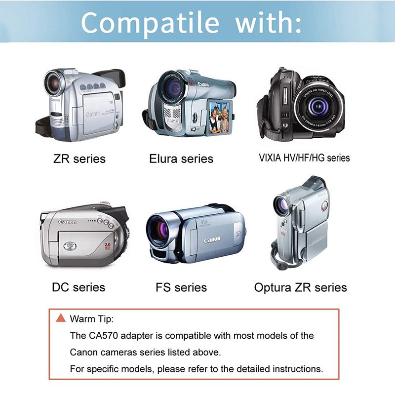 CA-570 Adapter/Charger for Canon R60 ZR65MC ZR70MCDC10 DC100 DC19 DC20 DC21 LEGRIA HF G30 XA10 XA20 XA25 XC10 Canon EOS 5D EOS 4
