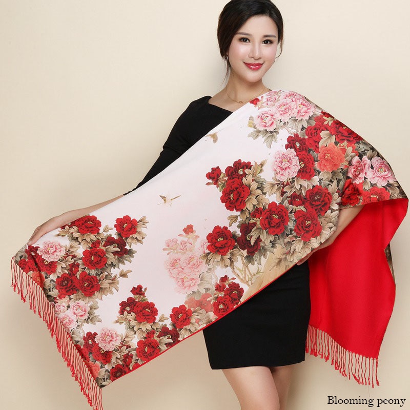 hiver Double côtés cachemire écharpe femmes long Pashmina Tippet femelle châles et Wrap Foulard femme floral foulards en soie