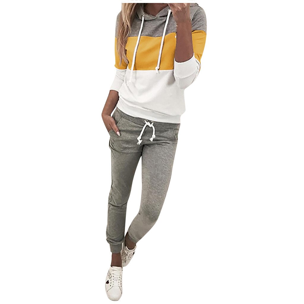 Femmes Sweat À Capuche Patchwork Empoché Haut À Manches Longues Longue Pantalon Combishort Haut À Capuche + pantalon de Survêtement Tenues Sportswear: YELLOW / L