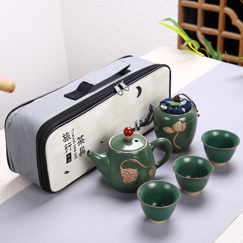 Portable Chinese Tea Set Ceramic Teapot Leaves Jar 3 Porcelain Tea Cups with Carrying Case FQ-ing: 1