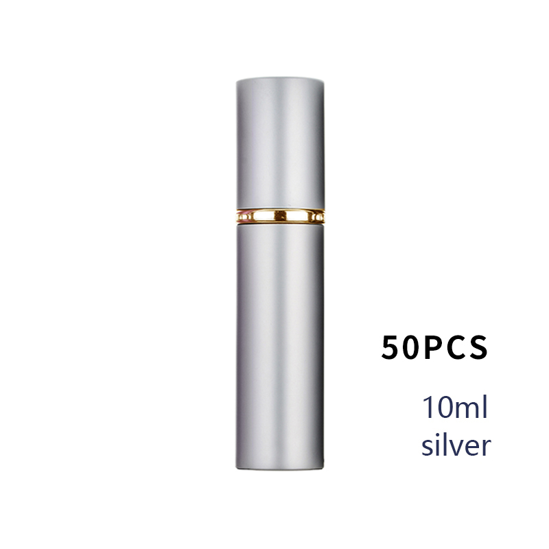 Gratis logo op maat, 10 ml lege draagbare glazen parfumflesjes met aluminium omhulsel, navulbare cosmetische etui.: 50 stuks zilver