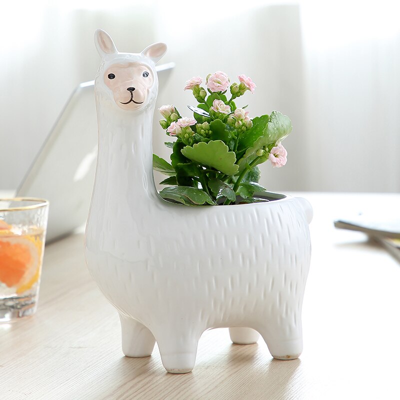 Nowy kreatywny biały alpaka doniczka ceramiczny wazon soczysty doniczkowy zielony, robić domu roślin Słodki kreskówka z roślinami i zwierzętami garnek dekoracji prezent