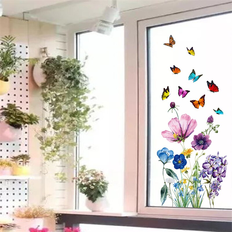 Calcomanías de vinilo anticolisión para ventana, calcomanías florales de pájaros, pegatinas de vidrio de mariposa, decoración del hogar, sala de estar, sin pegamento