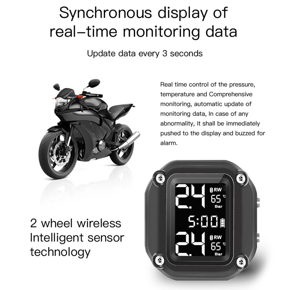 Solar TPMS with Time Display IP65 Tire Pressure Monitoring System Unique Parts Portable Car Ornaments for Motorcycle