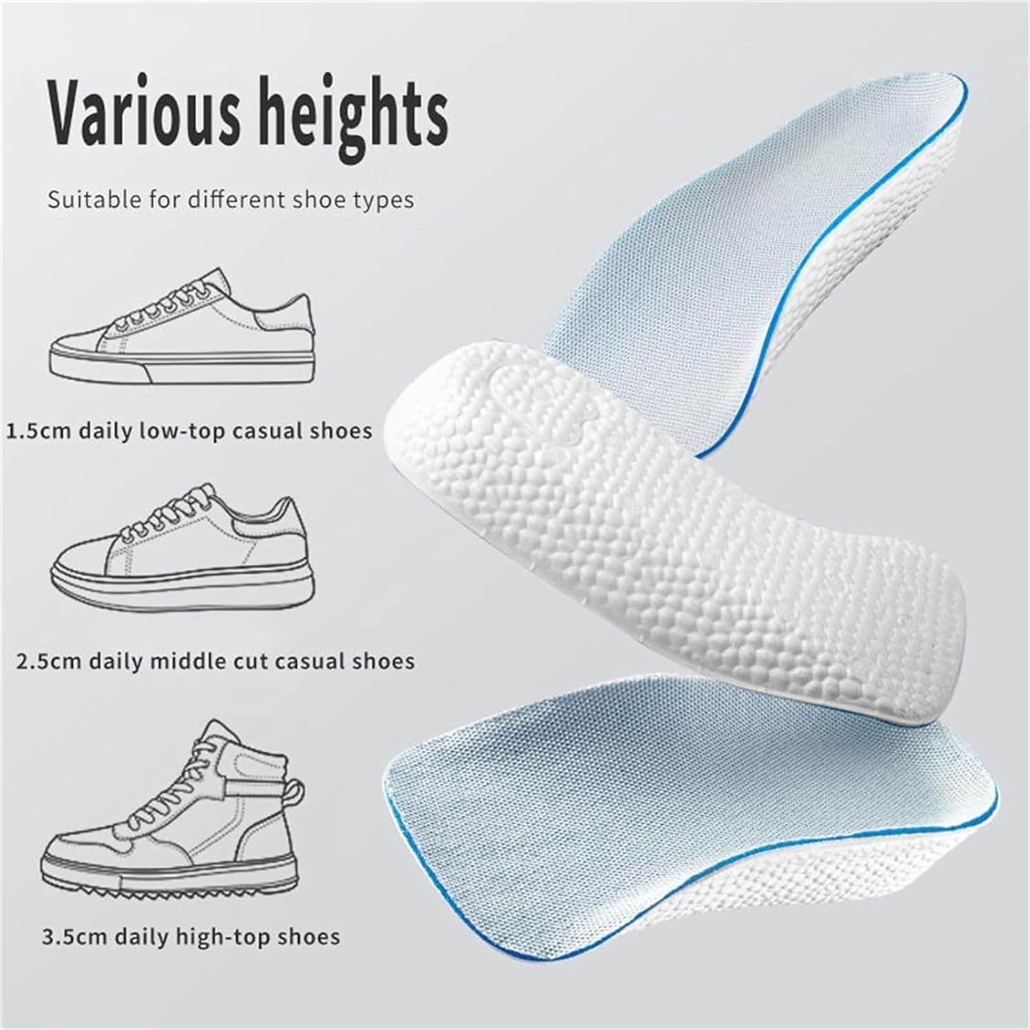 1.5/2.5/3.5 Cm Arch Support Height Increase Insoles Light Weight Soft Elastic Lift Soft Elastic Lifting For Men Women Shoes Pads