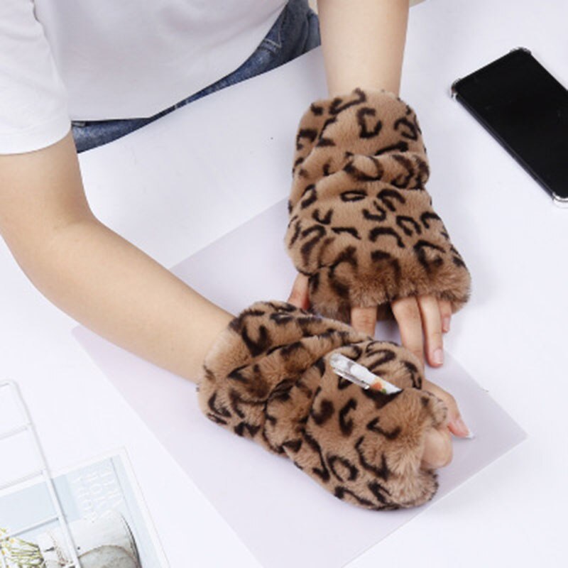 Winter touchscreen handschoenen vrouwelijke faux fur konijnenbont half vinger luipaard handschoenen vrouwelijke dikke leuke pluche schrijven warme handschoenen e91: Leopard Coffee