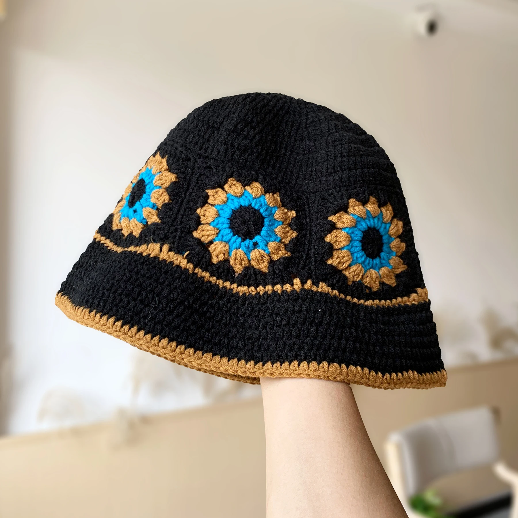 INS Korea Handmade Crochet Bucket Hats for Women Y2k Vintage Summer Beach Hat Flower Hollow Knitted Bob Sombreros Bonnet Caps: Blue