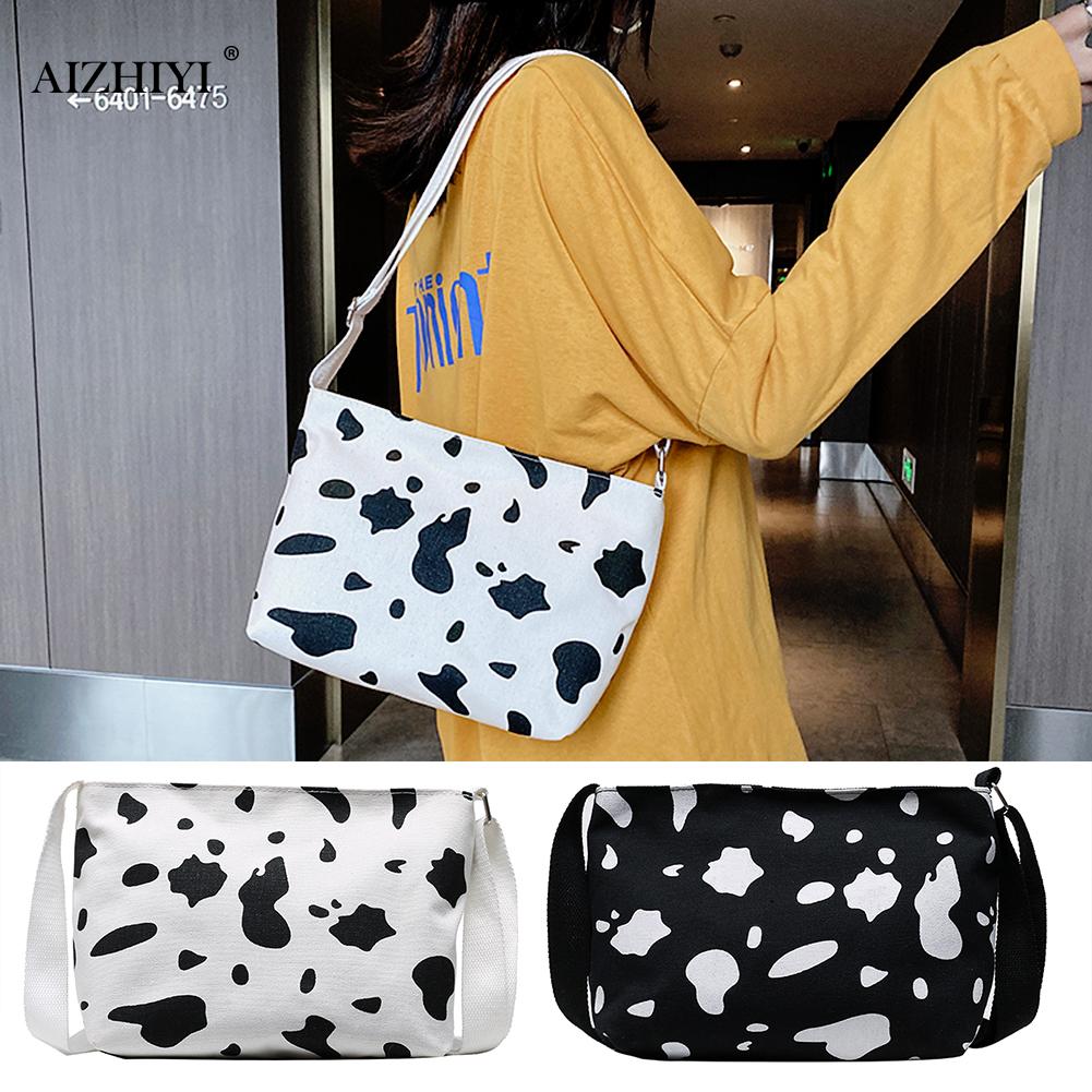 Populär enkel kvinnlig daglig väska kvinnor komjölkmönster crossbody väska kvinnlig canvas resor daglig axelpåse