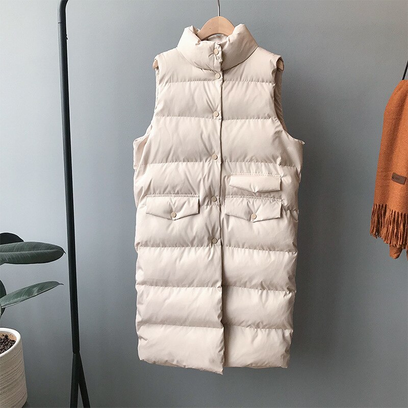 Höst vinter bomullsväst dam dam fritidsväst kvinnlig ärmlös lång väst jacka slim fit varm pufferrock: Aprikos / S