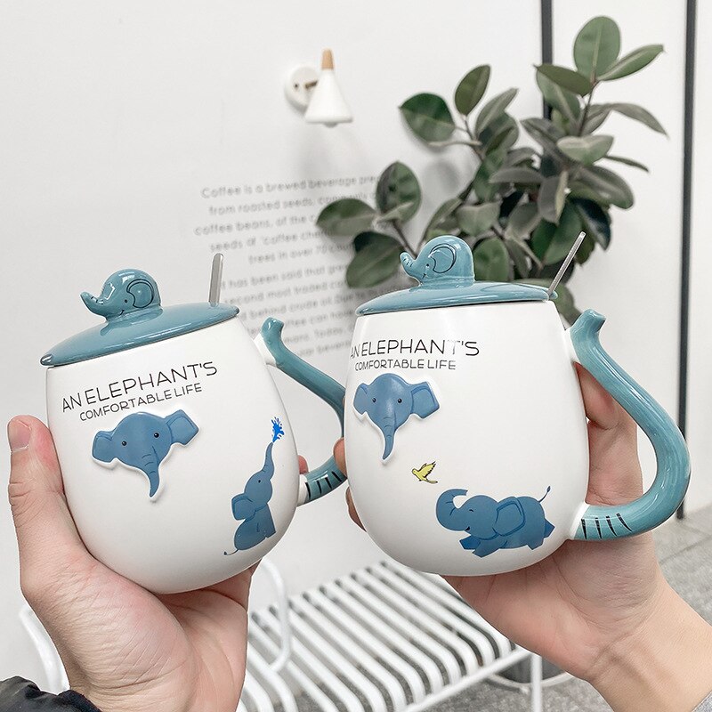 450ml Cartoon stereo elephant Coffee Mug With lid spoon Animal Mugs Drinkware Coffee Tea Cups Novelty milk cup