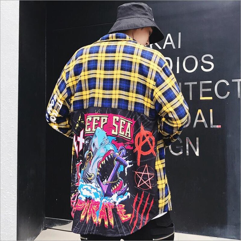 NAGRI Men Shirt casual Man Long Sleeve Hip-Hop printing Cardigan Tops Mens Plaid Casual Shirt Streetwear