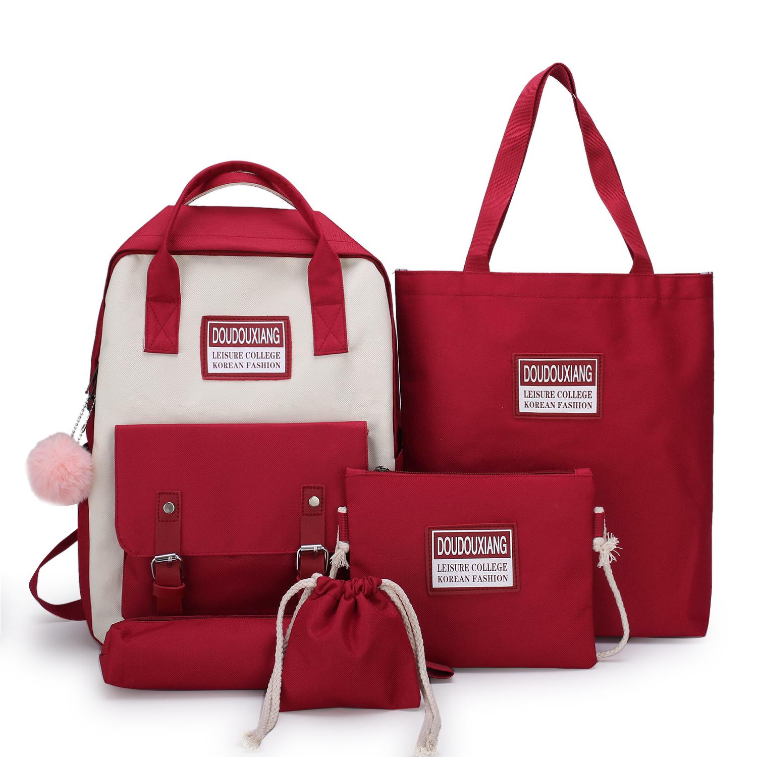 5 Delige Set Vrouwen Nylon Rugzak Snoep Kleur Waterdichte Schooltassen Tieners Meisjes Patchwork Rugzak Vrouwelijke Rugzak Mochila: Red 1(5 pcs)