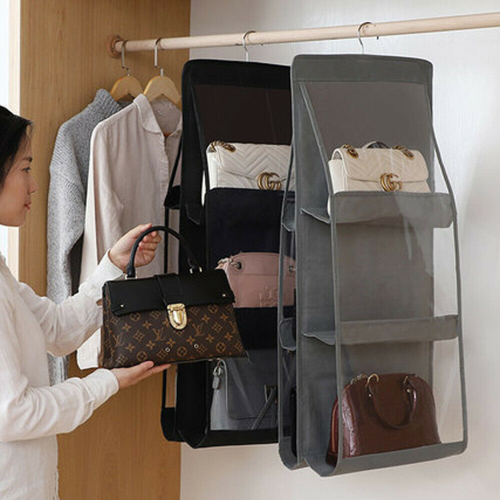 6 lommer store poser opbevaring folde hængende håndtaske opbevaring holder arrangør rack krog bøjle hjem organisation
