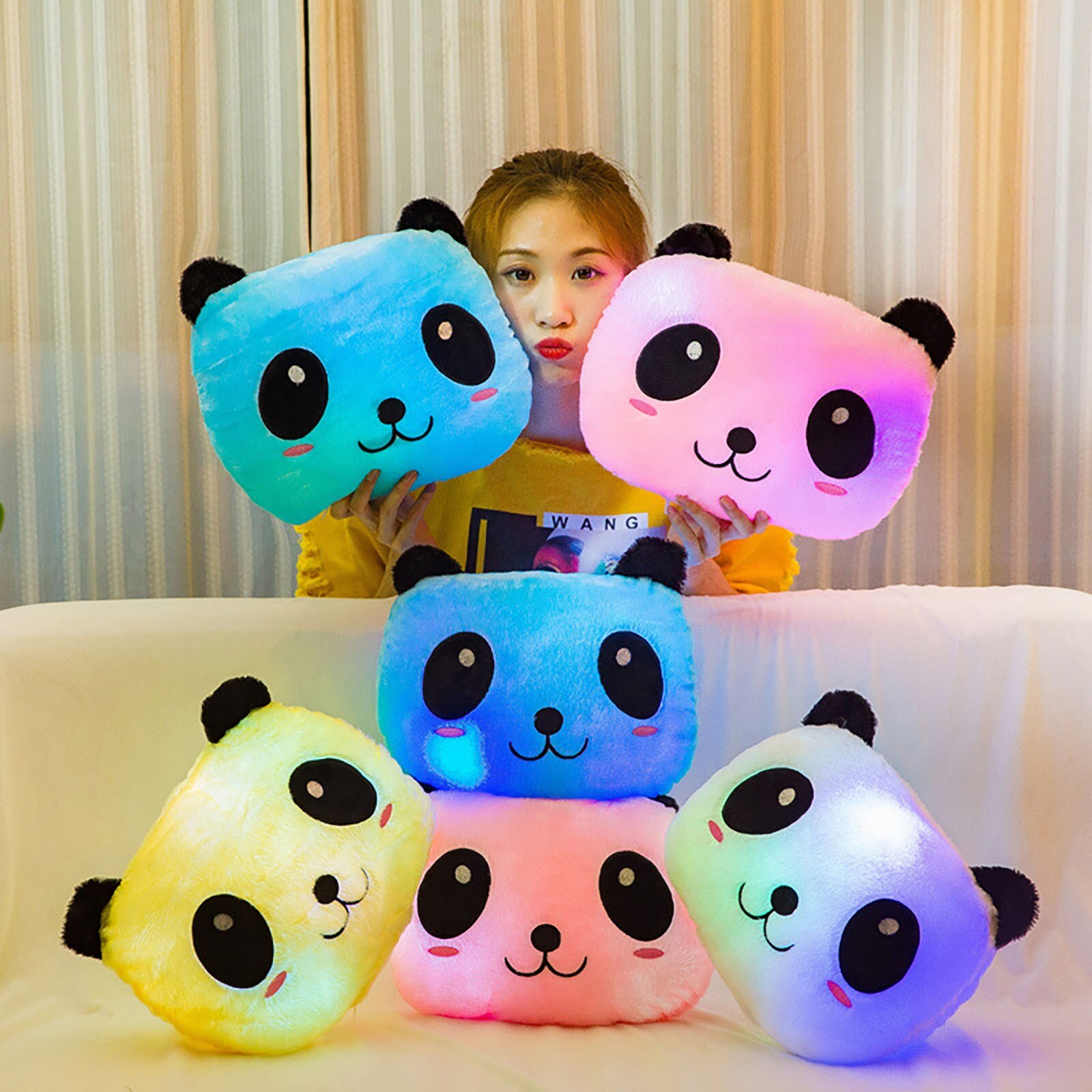 Glowing Panda Pillow Plush Toy Cute Animal Sleeping Pillow Cotton Soft Giant Panda Doll Night Light Valentine's Day Party Decor