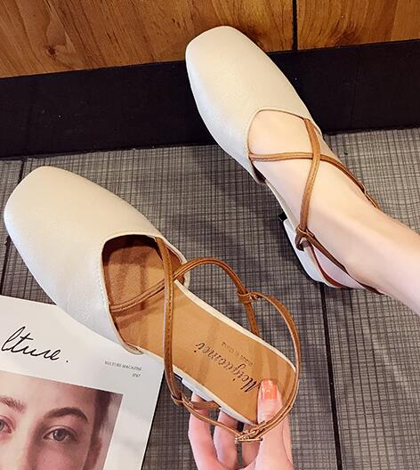 summer thick med-high heel close square toe sandals women retro hollow cross band buckle slingback gladiator sandalias: Beige / 7.5