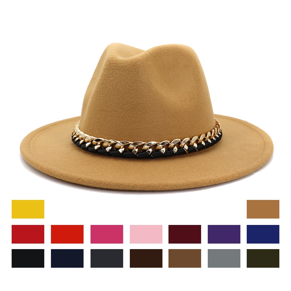 Europæisk amerikansk imiteret uldne bowlerhatte til kvinder mænd vinter efterår vintage bredskygget top jazzhat fedora kasketter med kæde