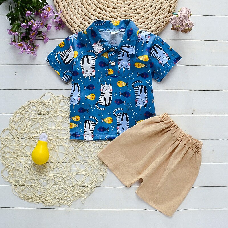 BabiColor Baby Clothing Set Summer Kids Boys Beach Outfits Cotton Shirt +shorts 2pcs Infant Boys Tracksuit Set: Beige / 12M