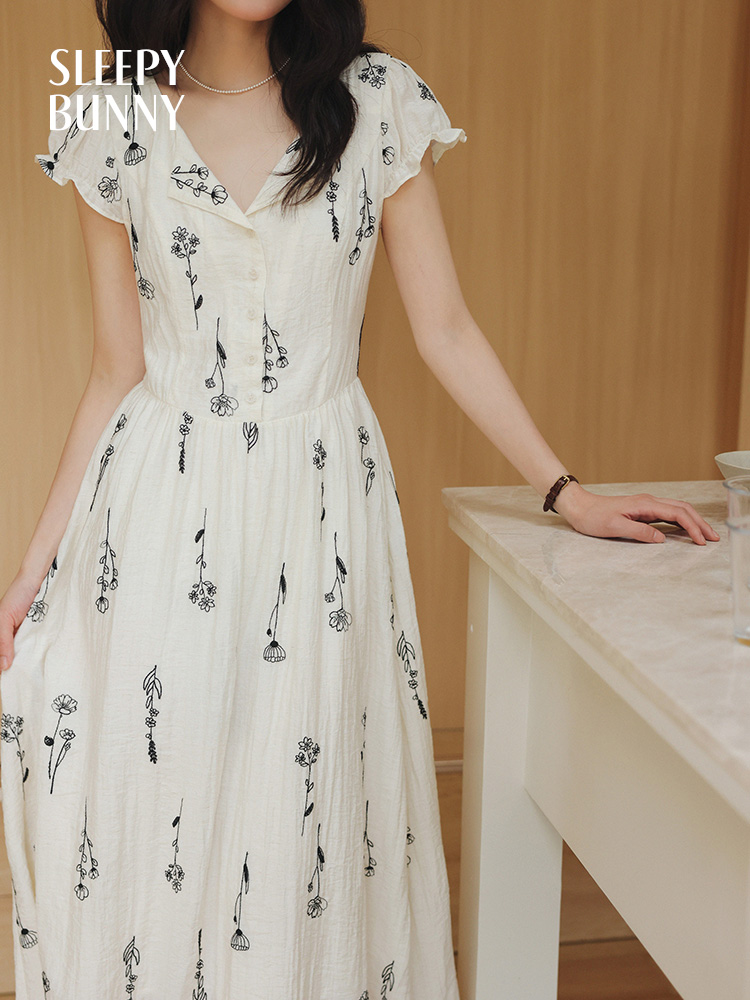 Vestido de lino bordado Floral francés para mujer, vestido largo acampanado de manga corta con cuello en V, vestido ligero con cintura, uso diario: XL / Beige