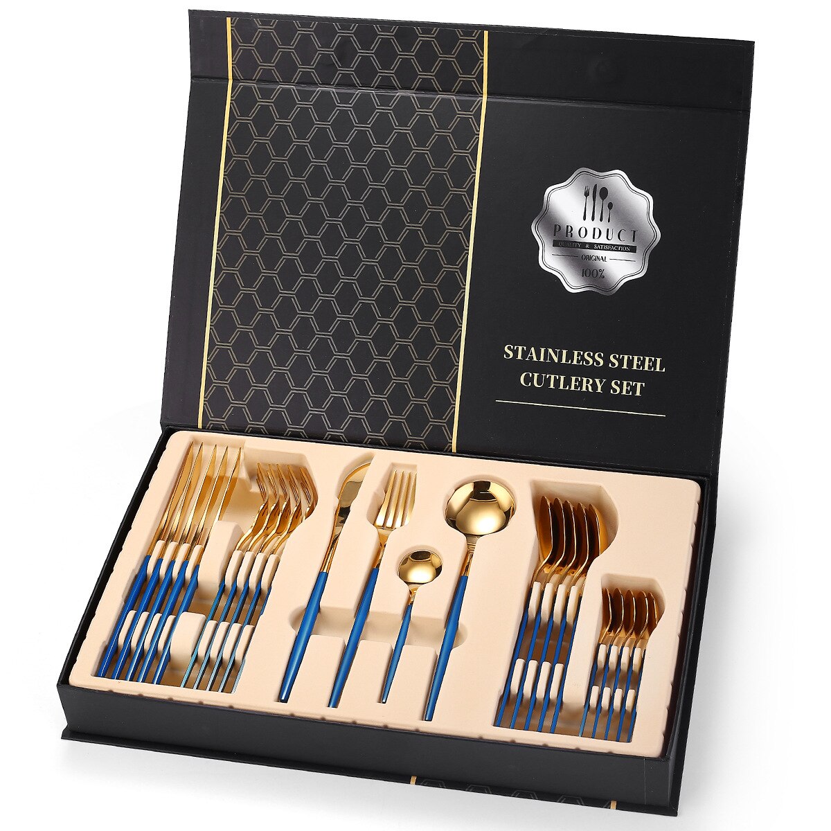 24pcs Gold Dinnerware Set Stainless Steel Mirror Cutlery Set Knife Fork Coffee Spoon Home Tableware Set Upscale Box: Blue gold