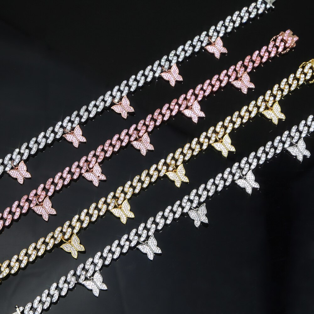 arrived Summer Beach Anklet Foot Leg Jewelry Iced out bling cz cuban chain drip cz butterfly charm anklet jewelry 9" 10"
