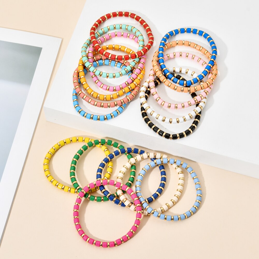 Boho pulseira de esmalte, boho, bonito, de arco-íris, stretch, colorida, nova moda, multicolorido, azulejo, miçangas, surf, praia, joia, presente