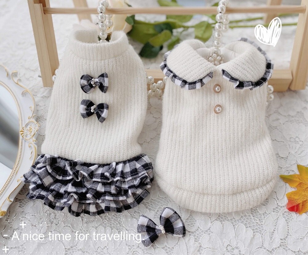 Handmade Dog Sweater Dog Dress Black White Plaid Cake Skirt Couples Dress Thick Warm Winter Outerwear Poodle