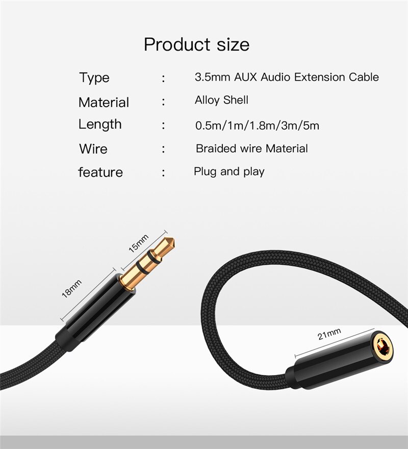 AUX Cable 3.5mm Audio Extension Cable Jack 0.5m/1m/1.8m/3m/5m Male to Female Headphone Cable For Speaker Louder Smart Phone