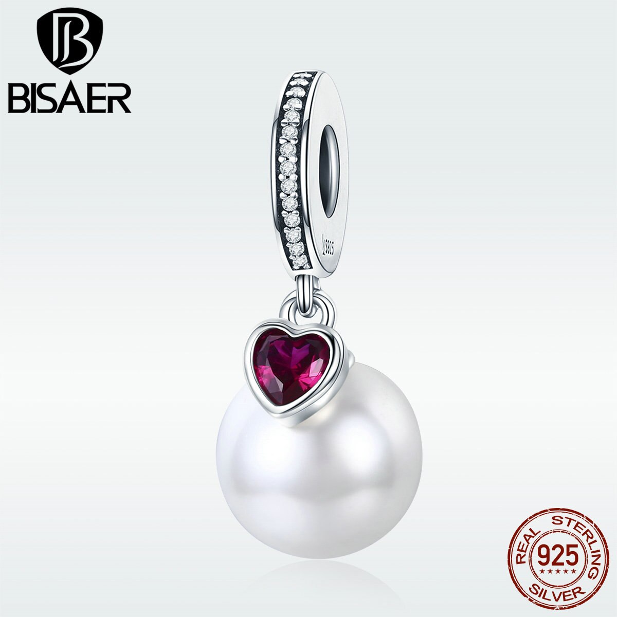 BISAER 925 Sterling Silver Blooming Pearl Pink Heart Charms Beads Fit Original Charm Bracelet Silver 925 Jewelry Making ECC782