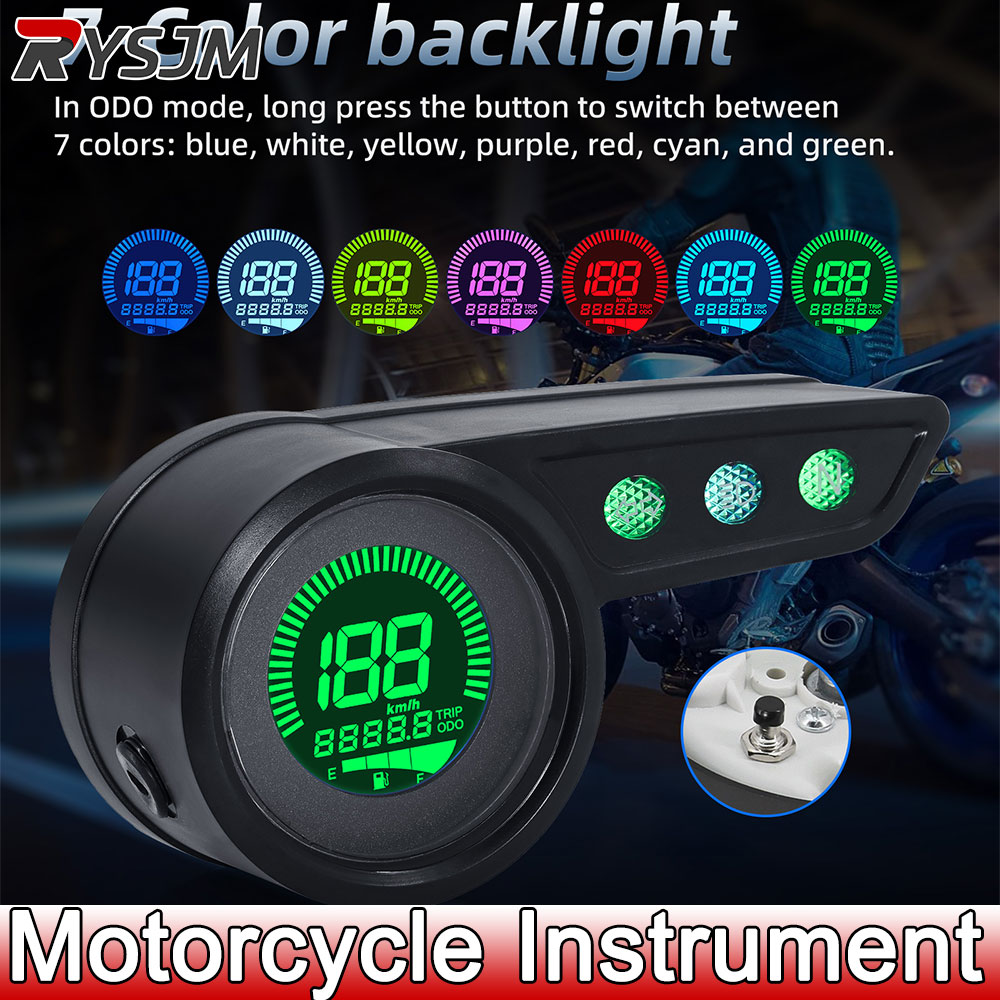Retro motorfiets snelheidsmeter/kilometerteller met 7 kleuren achtergrondverlichting, snelheidsmeter (km/u), kilometerteller, versnellingsmeter, dagteller, brandstofniveau-indicator.