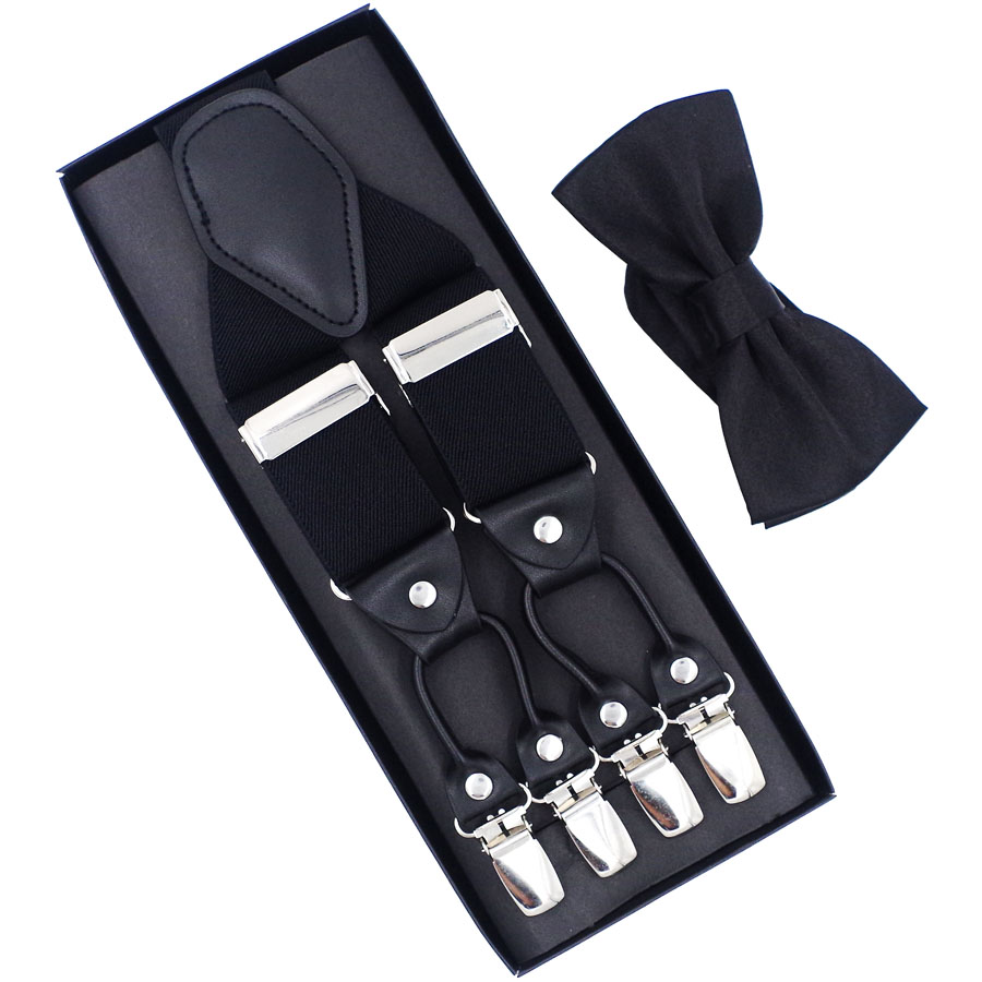 JIERKU Suspenders Set Man&#39;s Braces with Bow Tie 6 Clips Suspensorio Trousers Strap Father/Husband&#39;s TZBD001