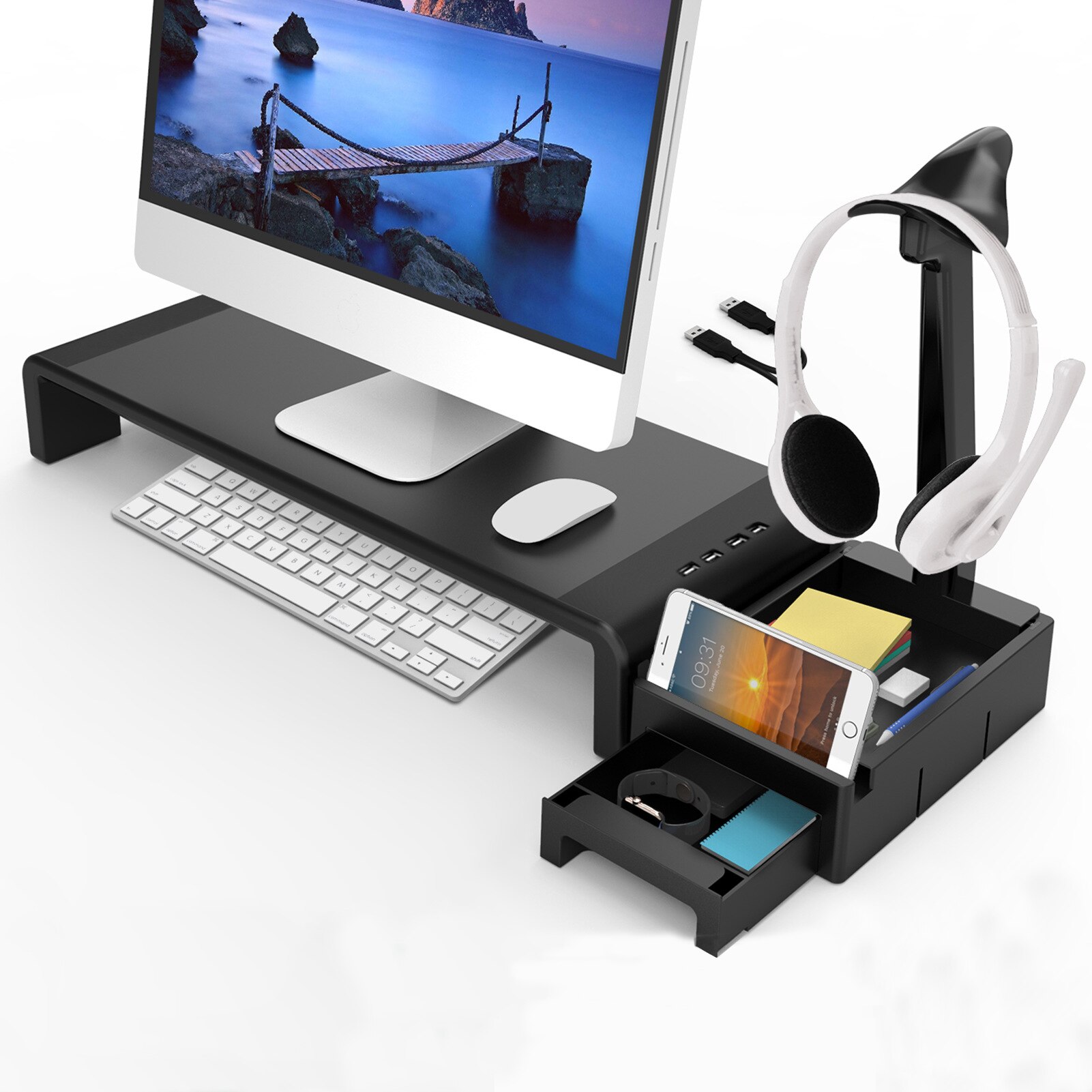 Soporte elevado para Monitor, caja de almacenamiento plegable con cajón para auriculares, carga USB: KM0301