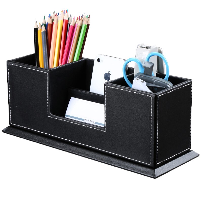 Organizador de escritorio de cuero PU para oficina, portalápices doble, soporte para tarjetas de visita: A123 black