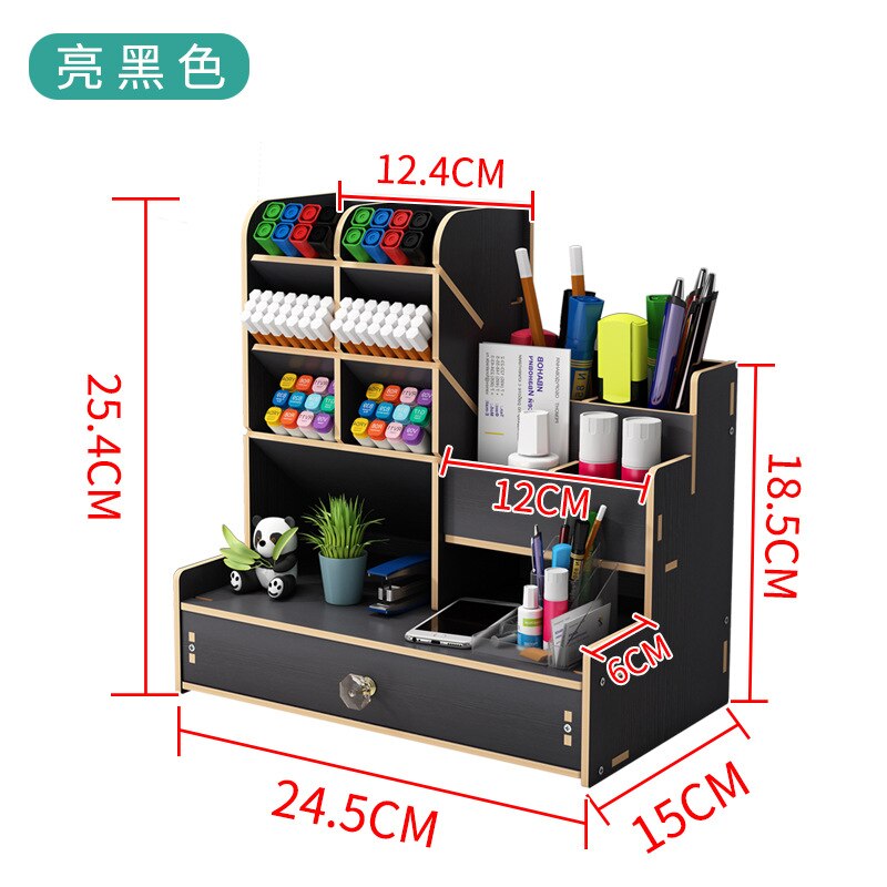 Desktop Pen Holder Wooden Pencil Organizer Students Stationary Storage Box Office School Stand Case Cosmetic Makeup Supplies: B17-Black