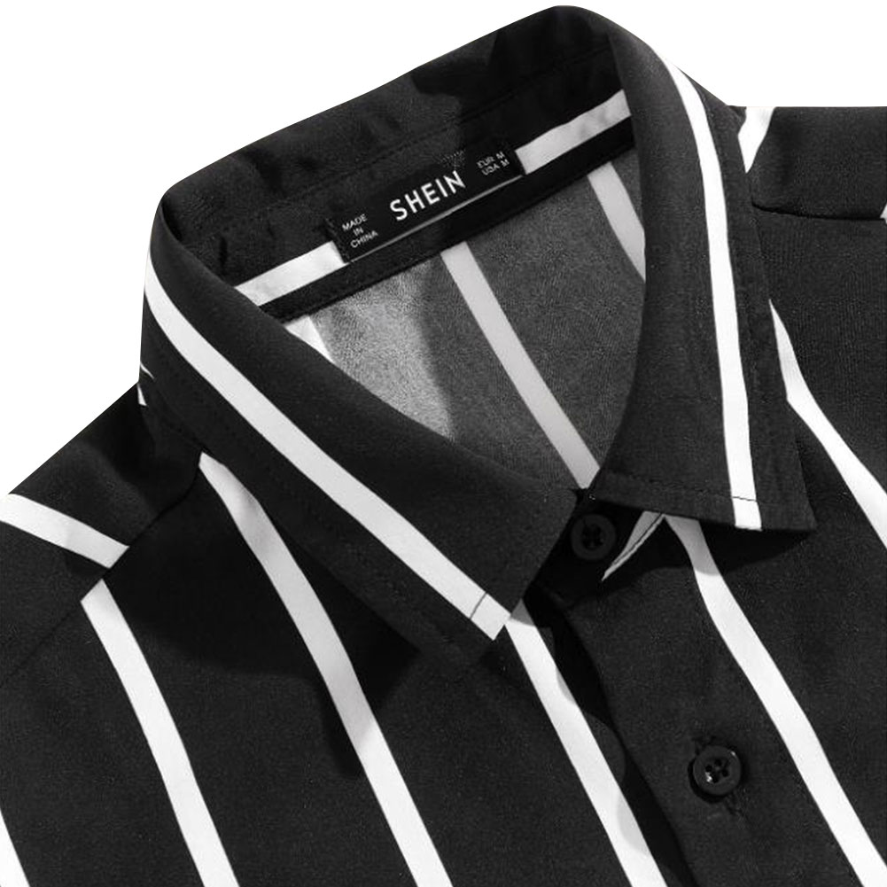 Men Buttons Front Short Sleeve Shirts Breathable Striped Printed Turn Down Collar Casual Shirt