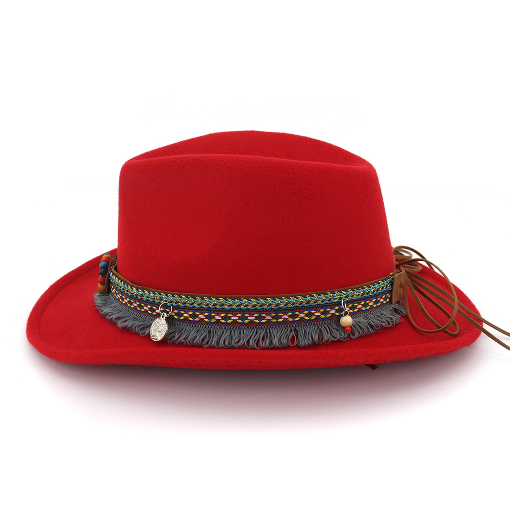 Sombrero de lana ahuecado para mujer, Sombrero de cowboy del oeste, con ala ancha enrollable, capucha, Sombrero ecuestre de Jazz con cinta de estilo nacional AD0853