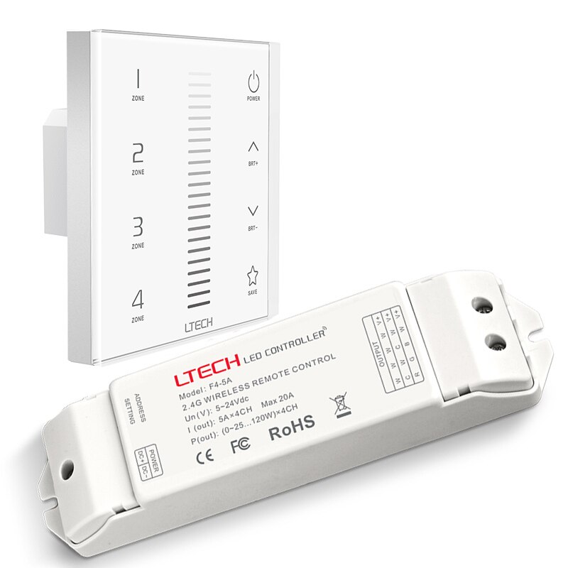 led Dimmer 4 zones Touch Panel Wall Mount Dimming 2.4GHz&DMX AC100-240V Dimmer with F4-5A F4-CC receiver and RF remote